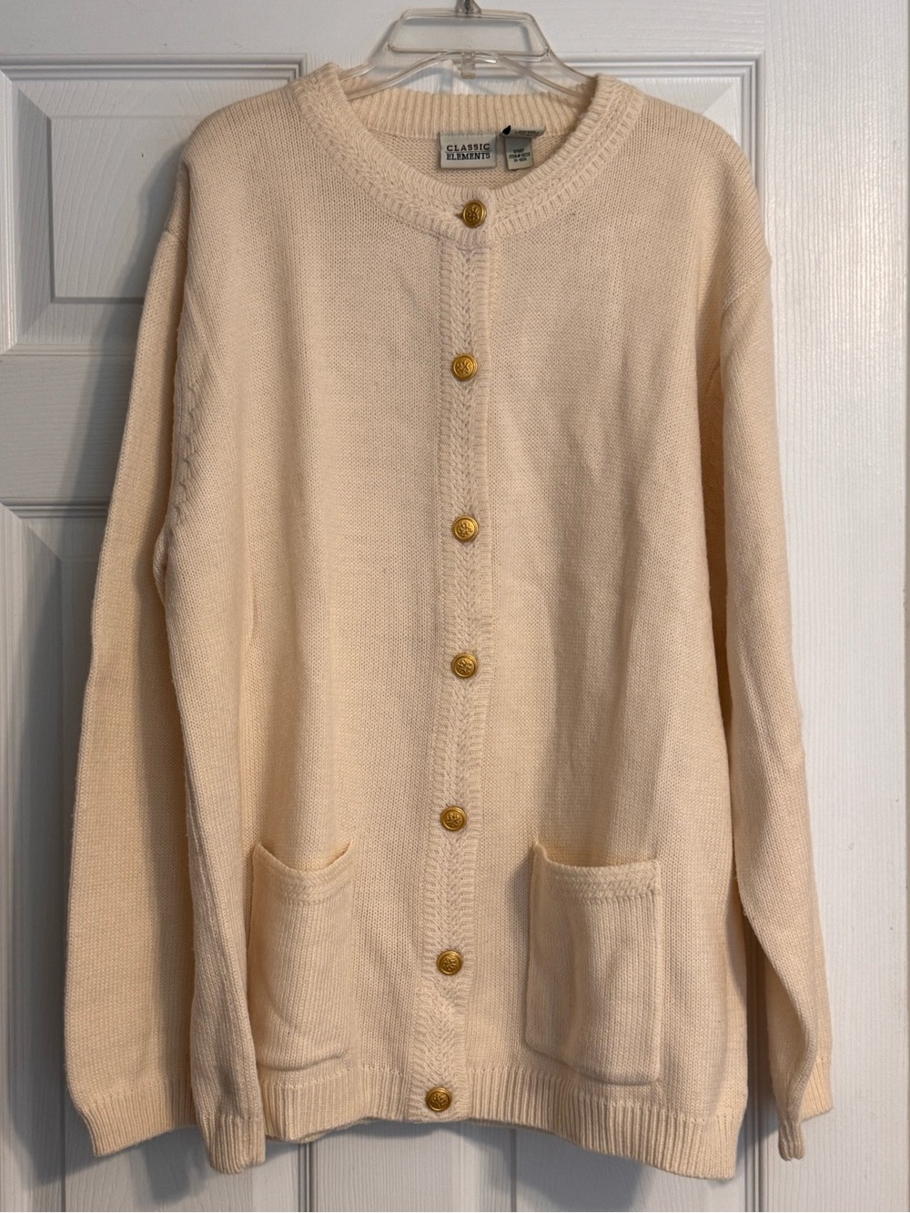 Vintage 80s Classic Elements Cream Gold Button Pockets Grandpacore Cardigan XL